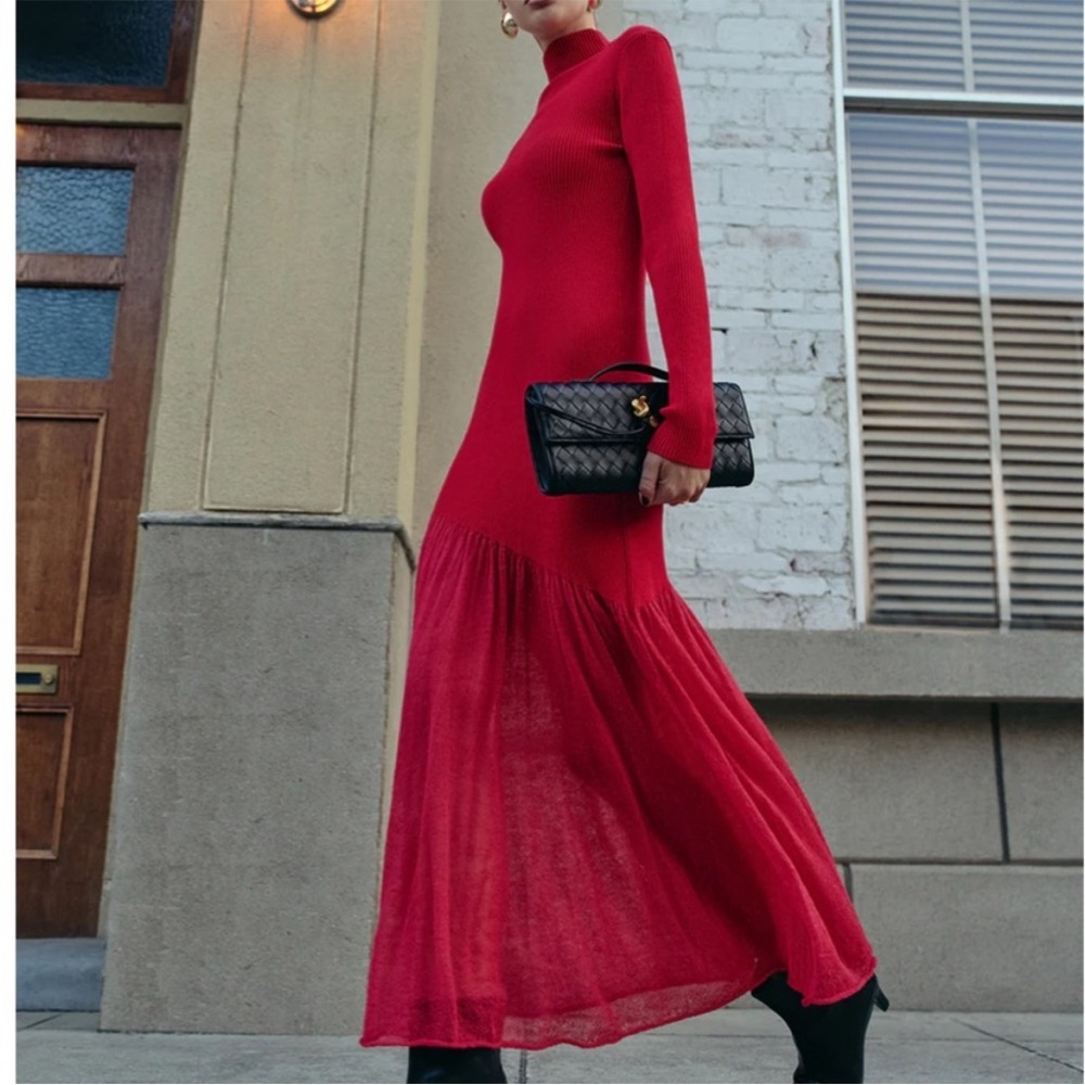 SOLD Commense Mock Vibrant Red  Ribbed Knit Dress with Sheer Bottom Asymmetrical - Picture 6 of 6